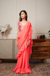 Pre Order: Embroidered Blouse with Coarl Peach Stitched Saree