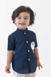 Boy Sheep Embroidered Cotton Shirt- Blue