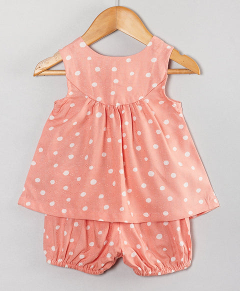 Dot print infant coordinate set with ducks patchwork on top-Peach