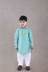 Pre-Order: Aqua Green Kurta With Flower Embroidery Jacket And Bottom Set