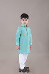 Pre-Order: Aqua Green Kurta With Flower Embroidery Jacket And Bottom Set