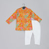 Pre-Order: Mustard Stylish Floral Printed Front Open Kurta, Mirror Work And Embroidery With Pajama Set