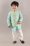 Pre-Order: Aqua Green Kurta With Flower Embroidery Jacket And Bottom Set