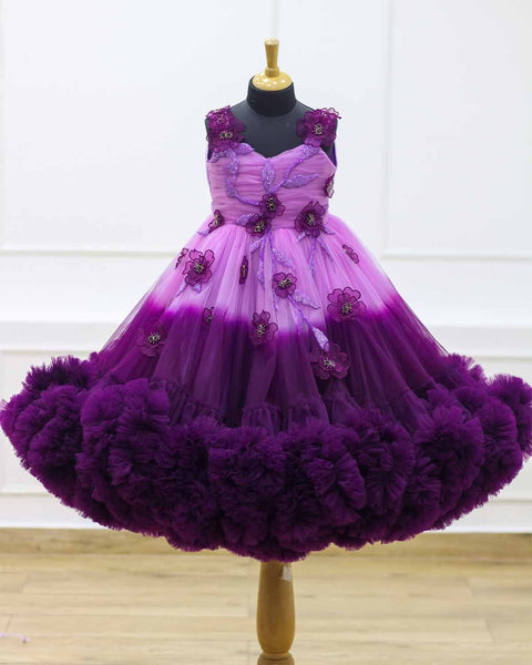 Pre-Order: Pink lavender and grape purple Double Shade Couture Gown With Handcrafted Flowers And Leaves