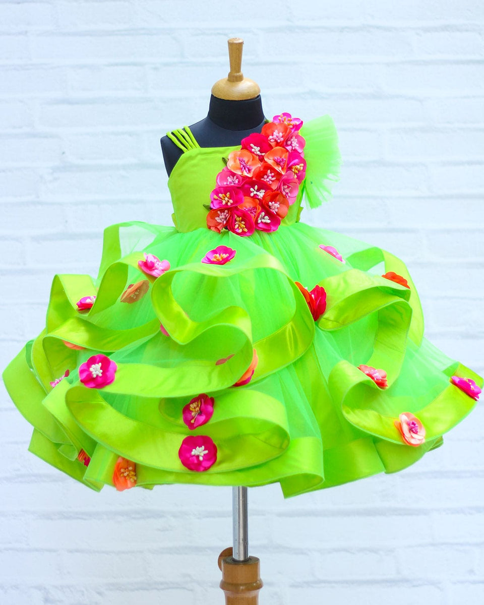 Pre-Order: Bright Parrot Green Swirled One Shoulder Gown with Pink & P Peonyy Kids Pre-Order: Bright Parrot Green Swirled One Shoulder Gown with Pink & P Peonyy Kids