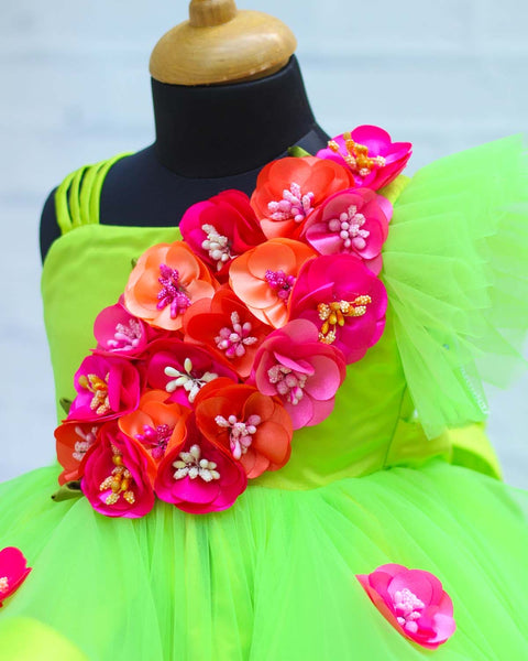 Pre-Order: Bright Parrot Green Swirled One Shoulder Gown with Pink & Peach Flower Work