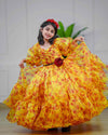 Pre-Order: Yellow floral printed organza gown with red peony flower waist belt