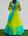 Pre-Order: Sea blue and green color gradient gown with draped dupatta