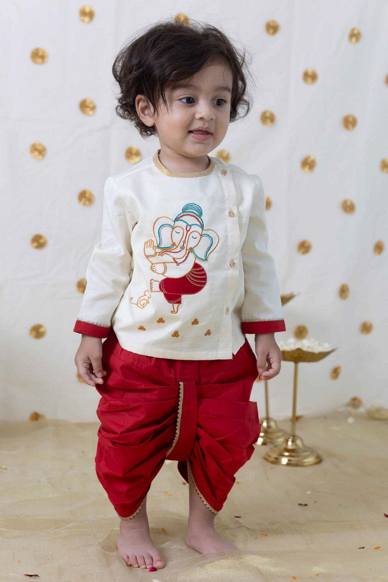 Babyhug Cambric Full Sleeves Solid Kurta Dhoti Set with Embroidered Jacket - Offwhite