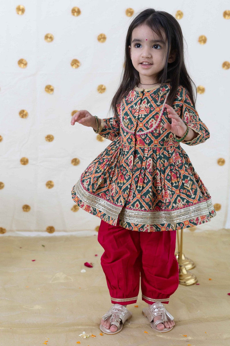 Pre-Order: Baby Girl Patola Print Cotton Angrakha Suit Set Green