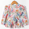 Pre-Order:Floral print full sleeves top with round neck and frill across front-White