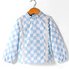 Pre-Order: Checkered print full sleeves top with pleats at neck and lace at front sides-Blue/White