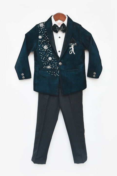 Pre-Order: Teal Blue Embroidered Velvet Coat Set