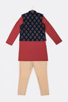 Pre-Order: Navy Blue Printed Jacket with Red Kurta Set