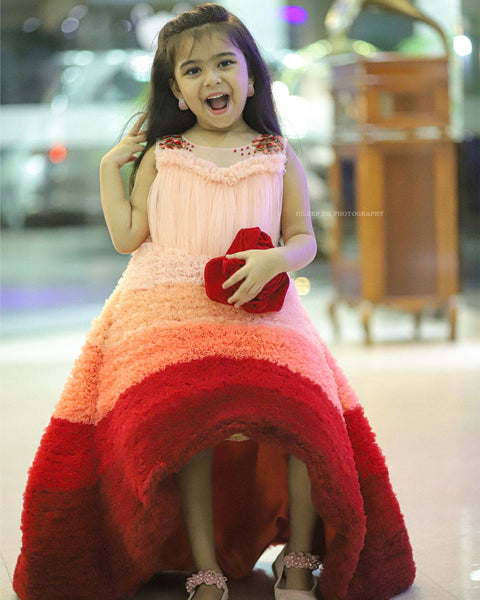 Pre-Order: Peach And Red Combo Tiny Flouncy Frilled High-Low Gown