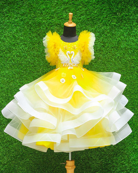 Pre-Order: Swan Theme Yellow & White Color Gradient Swirled Gown