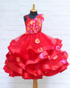 Pre-Order: Red Swirled One Shoulder Gown With Pink & Peach Flower Work