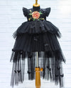 Pre-Order: Black Frilled Gown With Handcrafted Golden Rose Flower