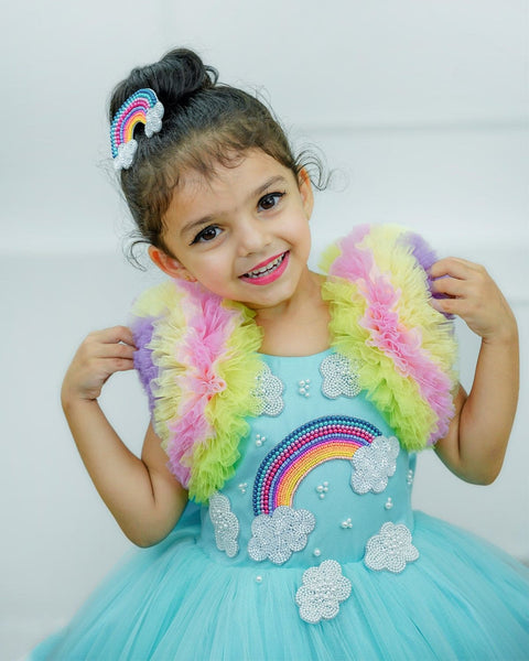 Pre-order: Rainbow with cloud theme in light multi colour frilled gown