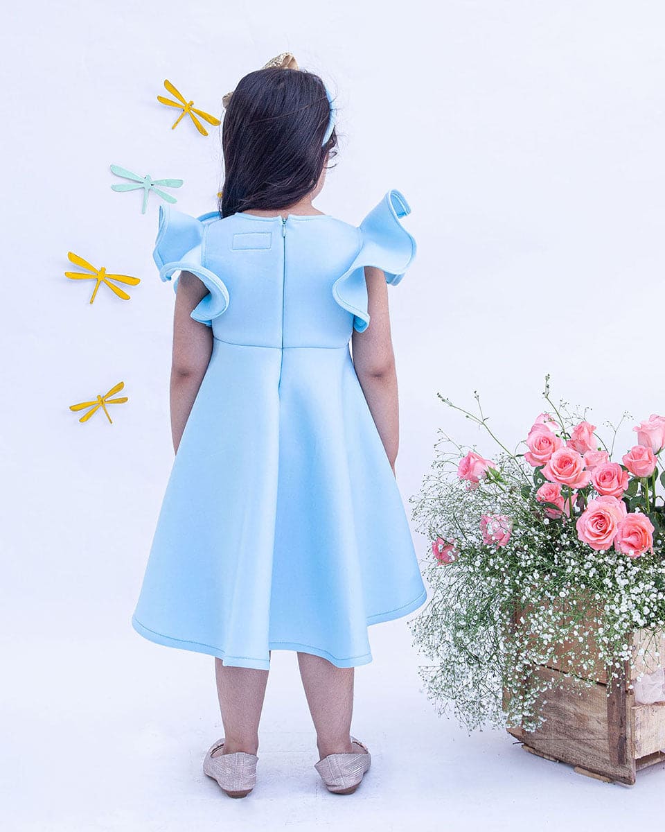 Pre-Order: Blue Neoprene Dress with Golden Bow– Peonyy Kids