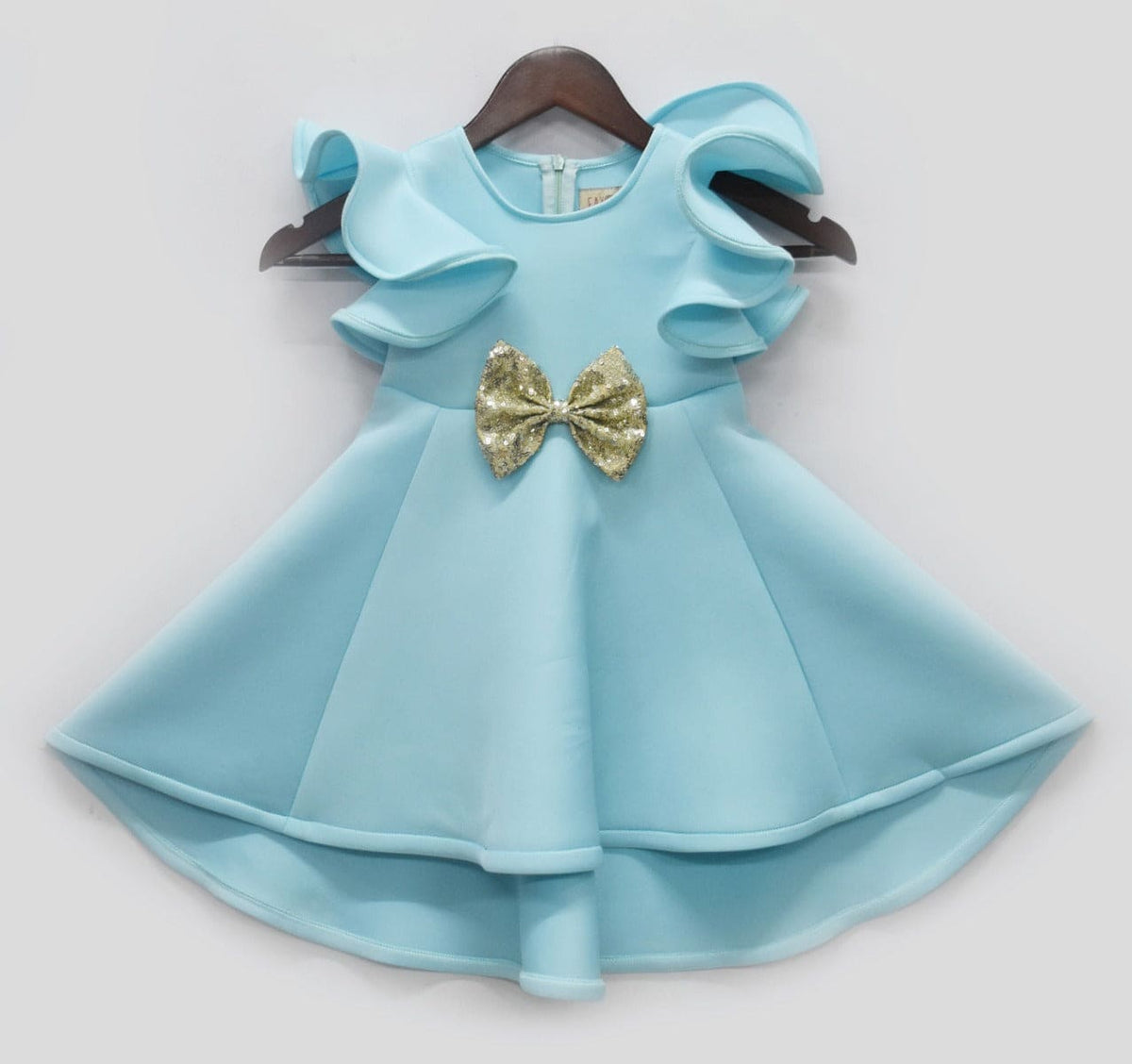 Pre-Order: Blue Neoprene Dress with Golden Bow– Peonyy Kids
