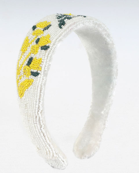 Embroidered White Black and Yellow Rose Headband