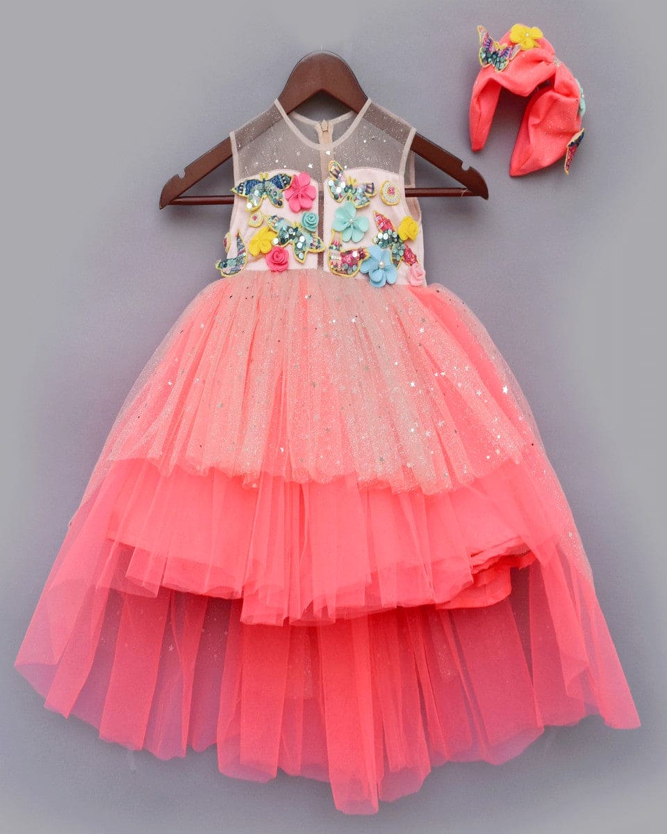 Pre-Order: Peach and Neon Pink Frock– Peony Kids Couture