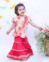 Pre-Order: Peach Printed Kurti with Coral Sharara