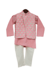 Pre-Order: Peach Printed Kurta with Nehru Jacket & Churidar