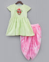 Pre-order: Pista Green Kurti with Boota and Pink Dhoti