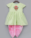 Pre-order: Pista Green Kurti with Boota and Pink Dhoti