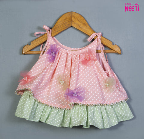 Pre-Order: Printed Tie Up Strap Top And Lehenga in Pastel Colours