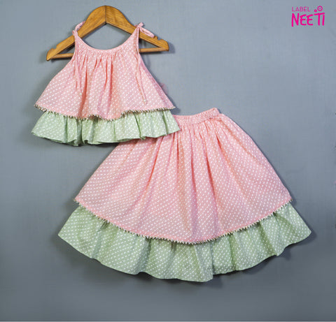 Pre-Order: Printed Tie Up Strap Top And Lehenga in Pastel Colours