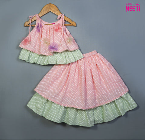 Pre-Order: Printed Tie Up Strap Top And Lehenga in Pastel Colours