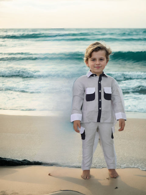 Pre-Order: Cargo Pocket Styled Pure Linen Premium Co-ords -  Grey - Dark Blue - White