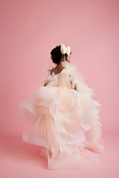 Pre-Order: Butterfly & pearl string enhanced ruffle peach dress