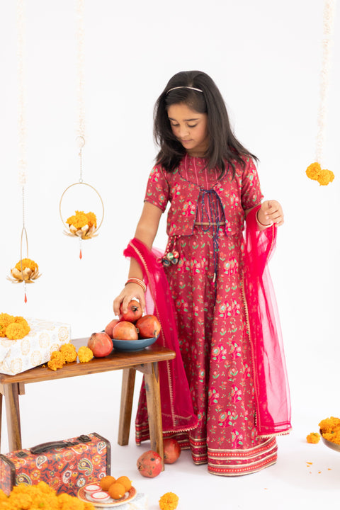 Pre-Order: Red  anar jaal  printed muslin lehenga  set-set of 4