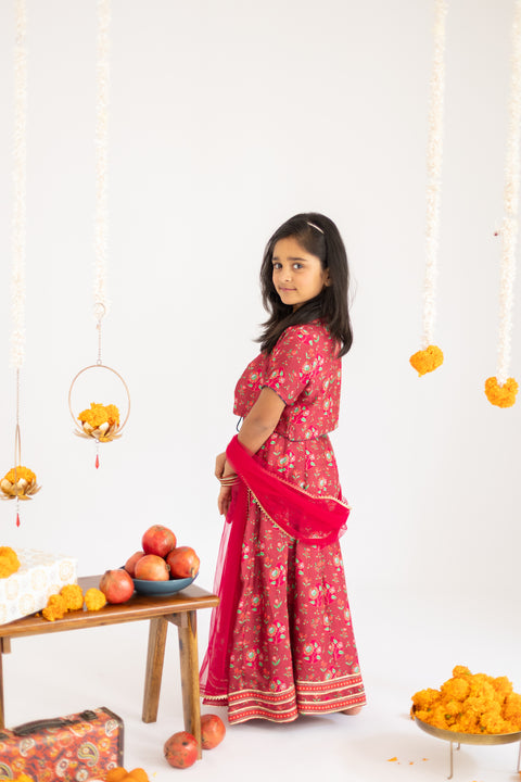 Pre-Order: Red  anar jaal  printed muslin lehenga  set-set of 4