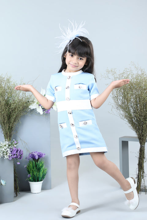 Pre-Order: Ice-Blue Coat Dress with Buttons Detailing & Hair Accessory