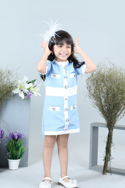 Pre-Order: Ice-Blue Coat Dress with Buttons Detailing & Hair Accessory
