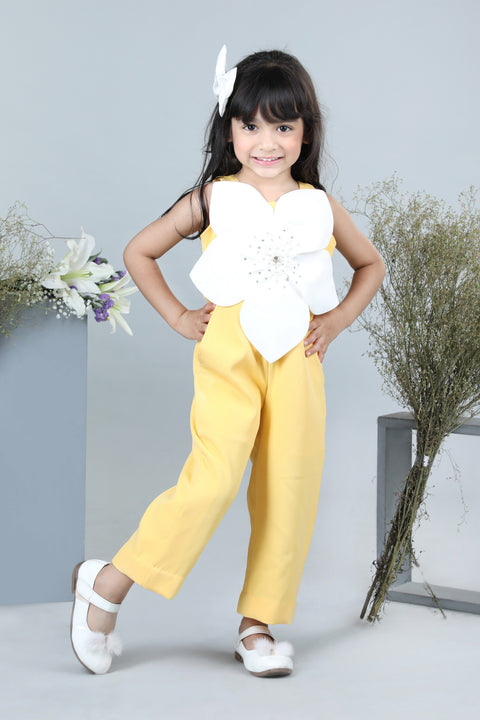 Pre-Order: Jumpsuit with 3D Flowers Embellished with Stones-Yellow/White