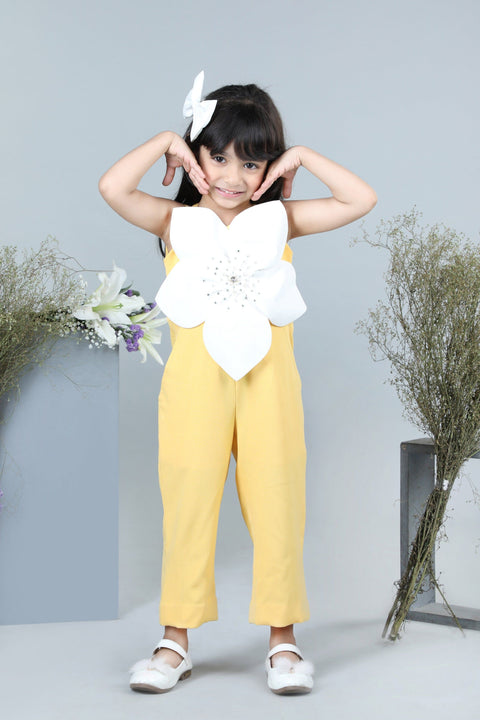 Pre-Order: Jumpsuit with 3D Flowers Embellished with Stones-Yellow/White