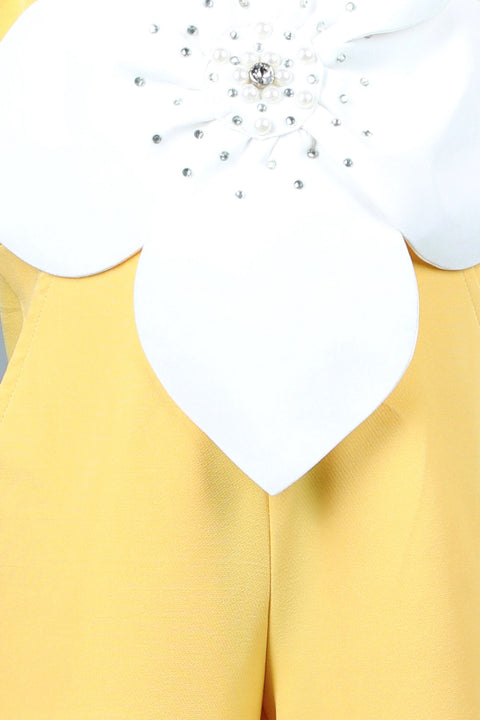Pre-Order: Jumpsuit with 3D Flowers Embellished with Stones-Yellow/White