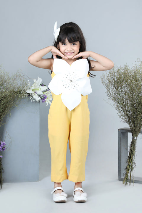 Pre-Order: Jumpsuit with 3D Flowers Embellished with Stones-Yellow/White