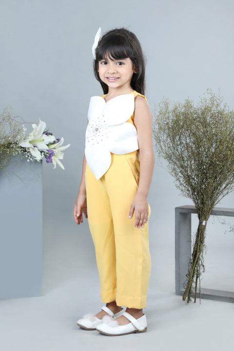 Pre-Order: Jumpsuit with 3D Flowers Embellished with Stones-Yellow/White