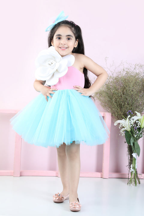 Pre-Order: Off-Shoulder Dress with 3D Flowers-Pink/Blue