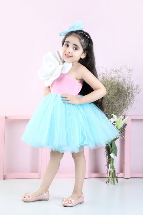 Pre-Order: Off-Shoulder Dress with 3D Flowers-Pink/Blue