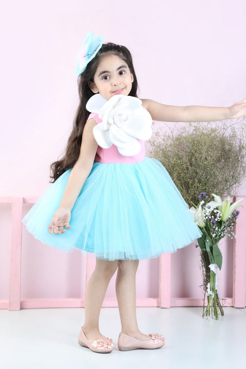 Pre-Order: Off-Shoulder Dress with 3D Flowers-Pink/Blue