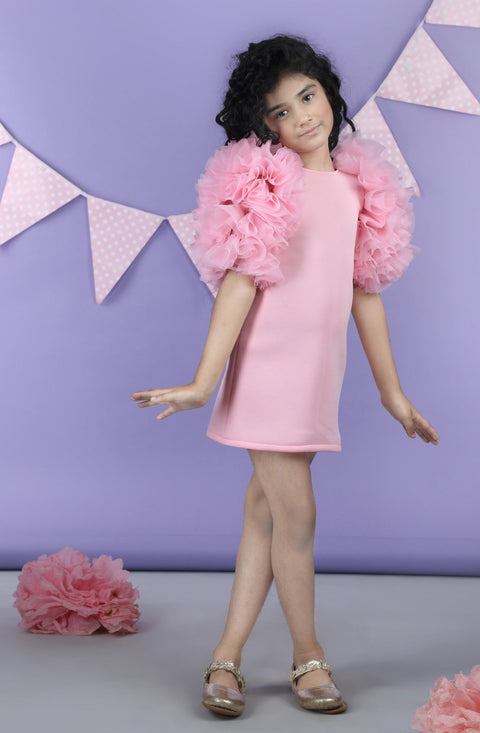 Pre-Order: Straight Dress Embellished with bunch of 3d fabric flowers in sleeves