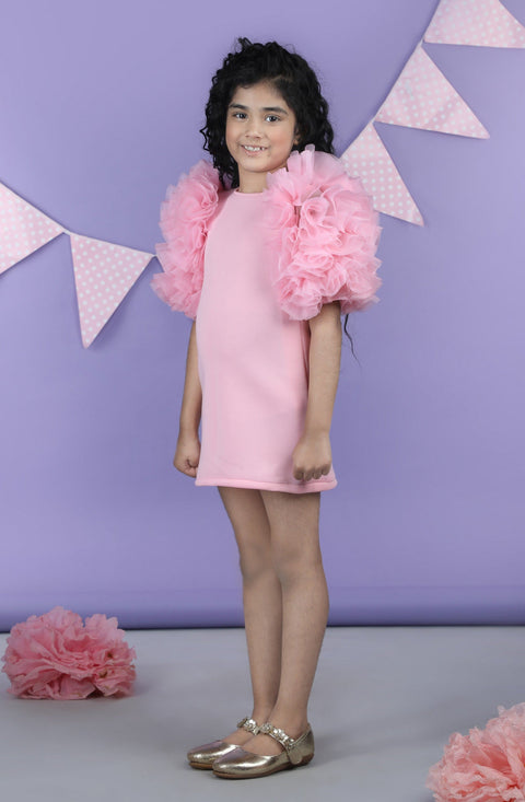 Pre-Order: Straight Dress Embellished with bunch of 3d fabric flowers in sleeves